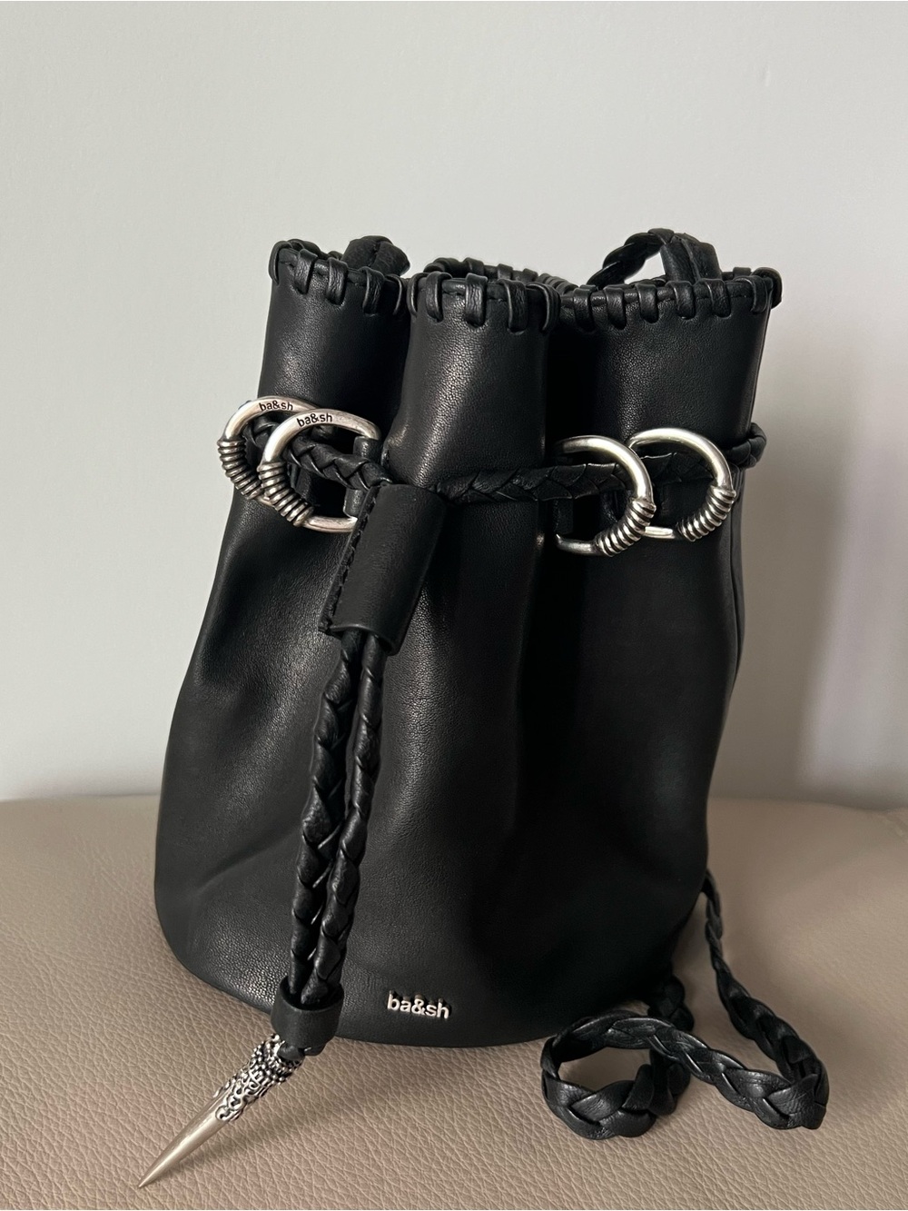 ba&sh Black Leather Braided Drawstring Mini Bucket Bag